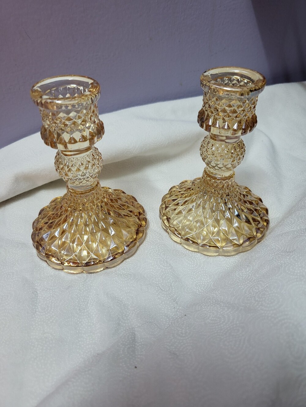 Irediscent Amber 4 x 3 Glass Diamond-Pattern Candlestick Pair - Home Accents